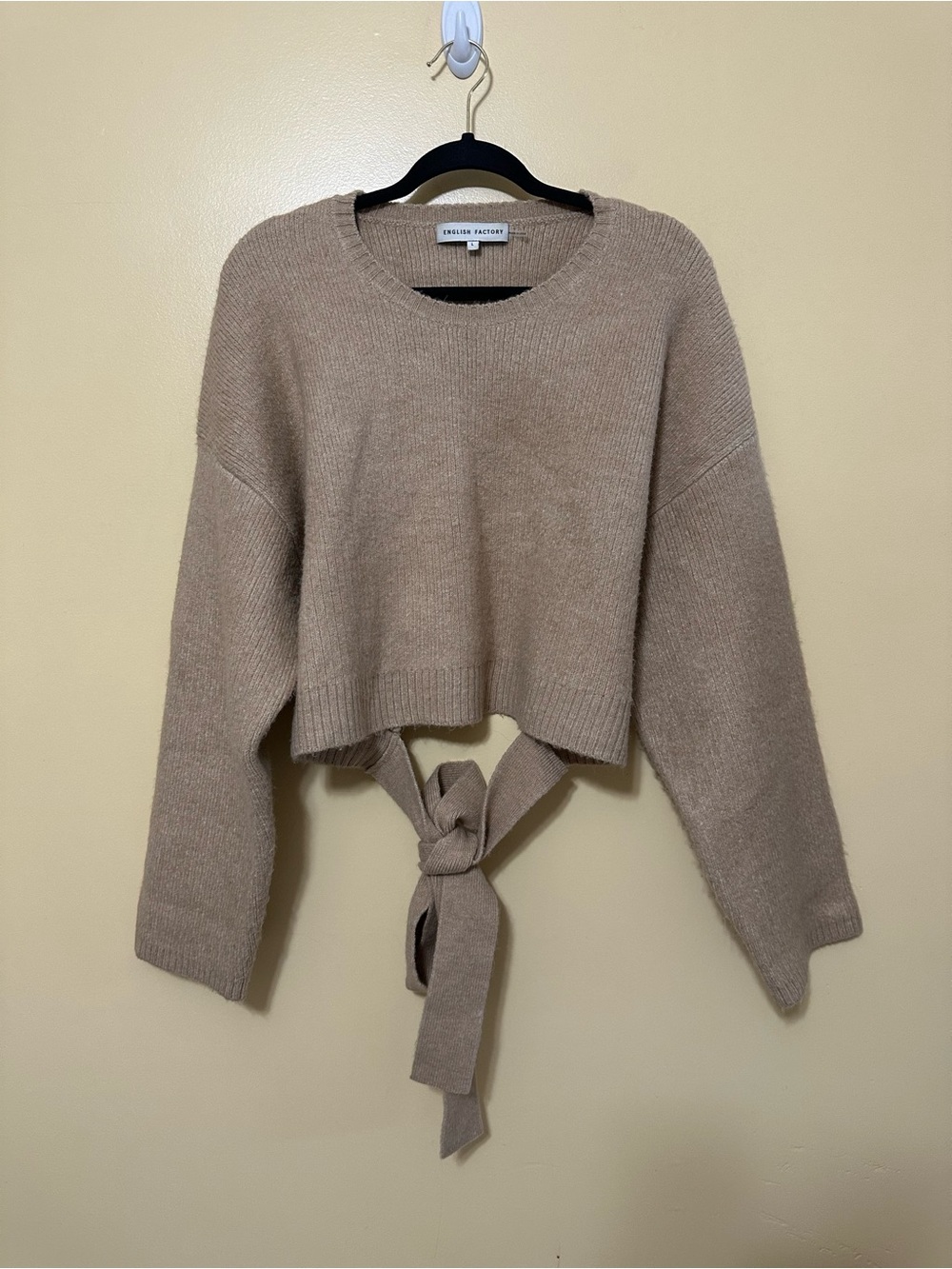 English Factory Open Back Rear Toe Cropped Knit Sweater Women L Neutral Tan